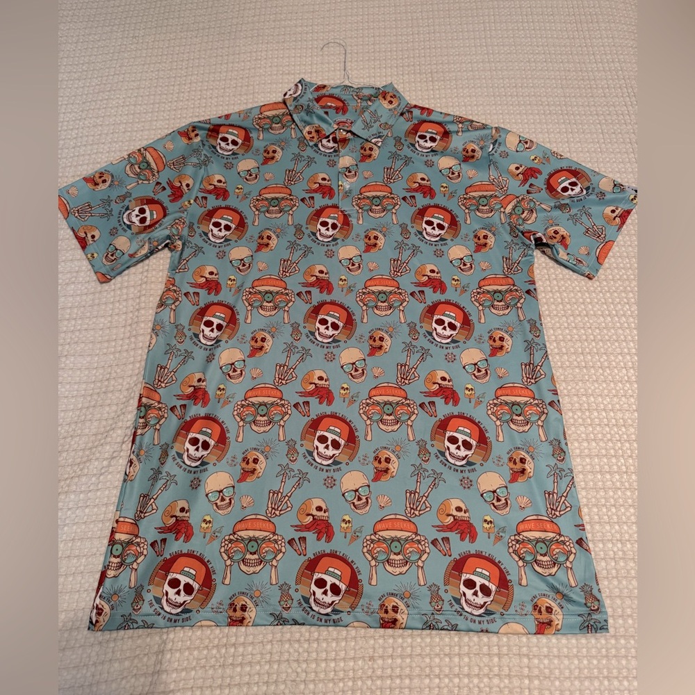 Men's Blue Skull Pattern Golf Shirt